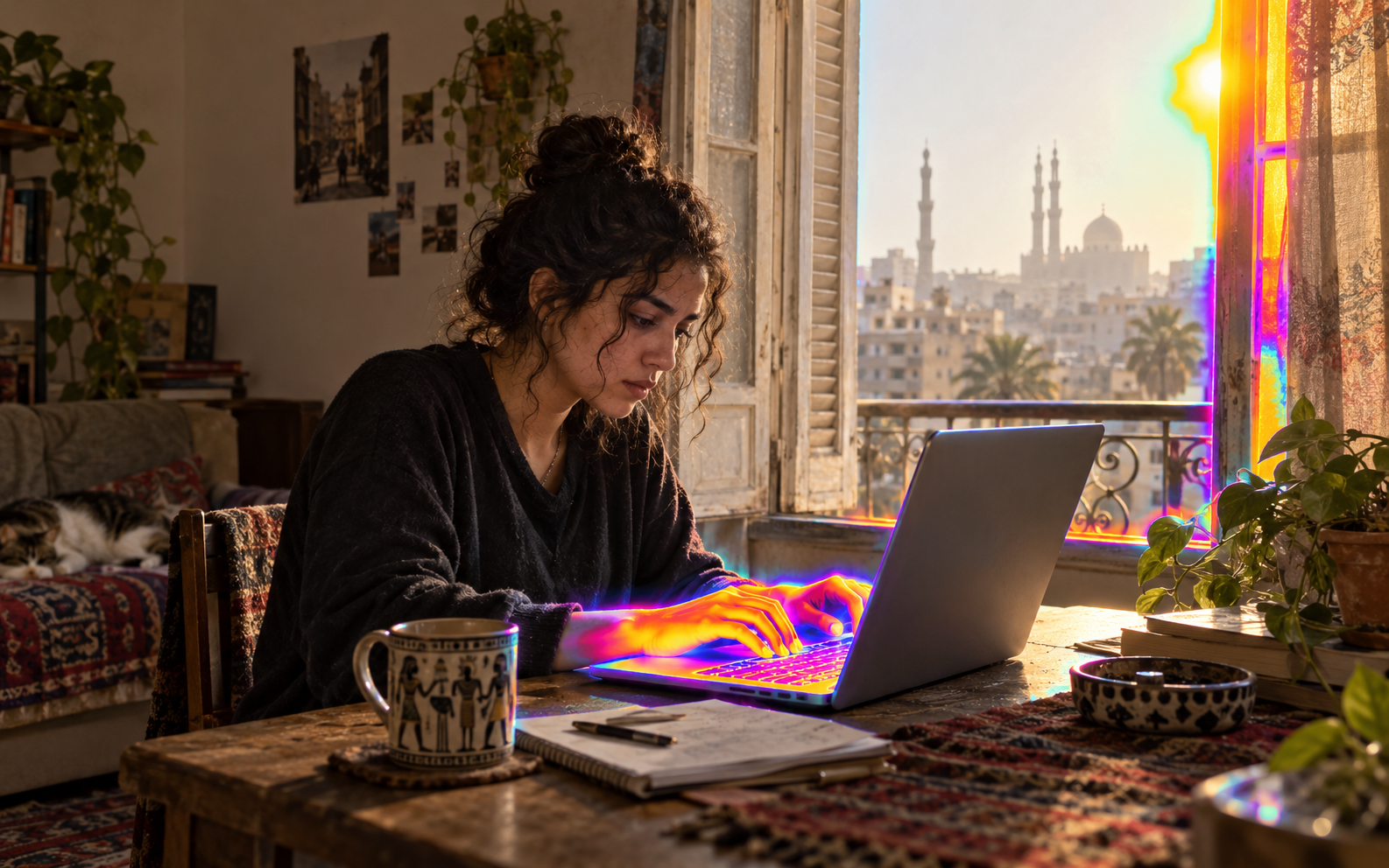 شابة تعمل على حاسوب محمول في منزل بالقاهرة مع إبراز حراري لمنطقة الاستخدام